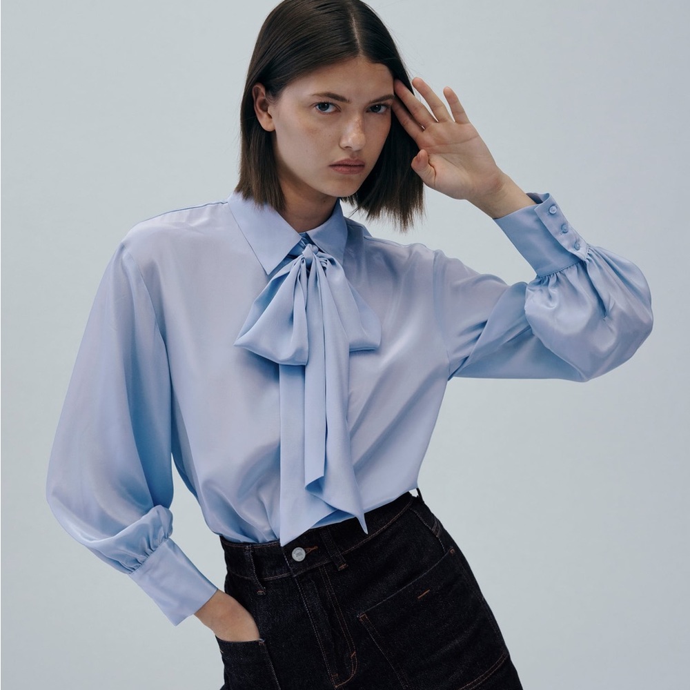 Blue Satin Effect Tied Top Zara Size XS NWT